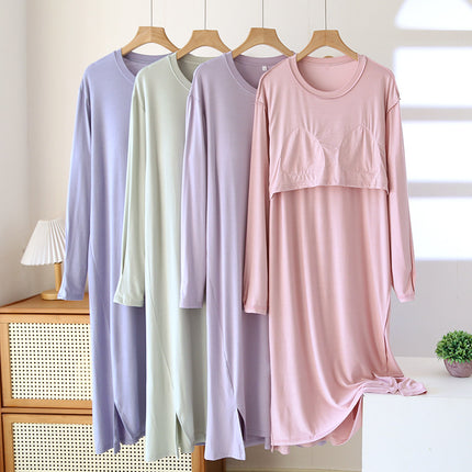Modal Long-Sleeved Nightgown with Breast Pads for Women, Spring and Autum Large Size Pajamas, Home Clothes, One-Piece Cup, Can Be Worn Outside in Summer