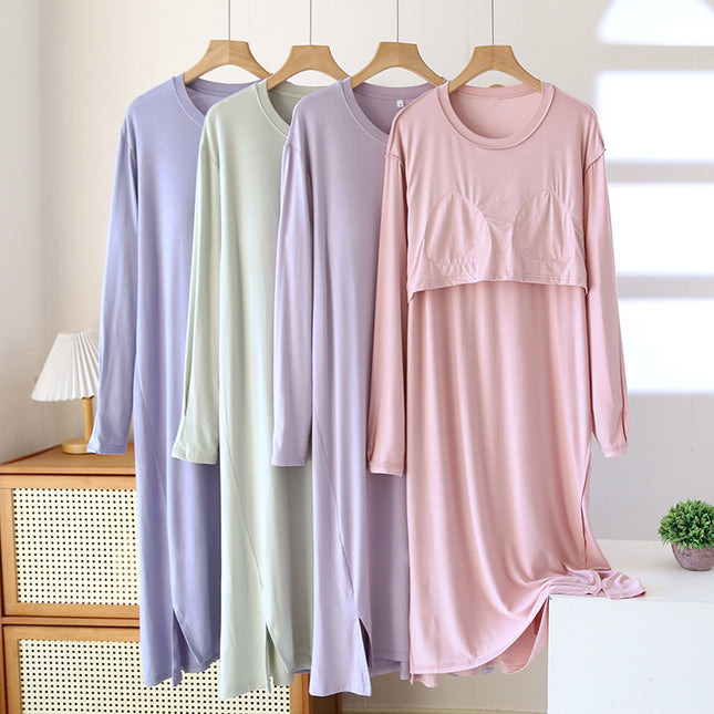 Modal Long-Sleeved Nightgown with Breast Pads for Women, Spring and Autum Large Size Pajamas, Home Clothes, One-Piece Cup, Can Be Worn Outside in Summer