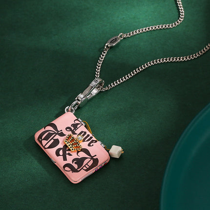 Cross-border foreign trade jewelry letter printing enamel glaze pink laptop pendant exquisite design sense necklace