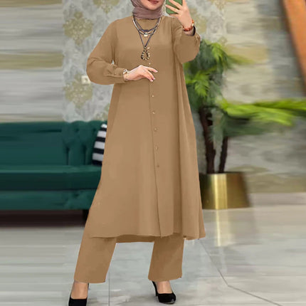 In Stock 2024 Southeast Asia Two-Piece Set for Women, Solid Color Spring and Autumn Long-Sleeve Cardigan Shirt and Long Pants Set