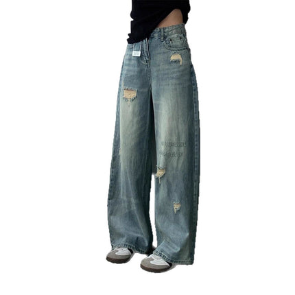 American Blue Ripped Straight Jeans for Women in Autum New High-Waisted Pear-Shaped Figure Slimming Look Loose Wide-Leg Pants