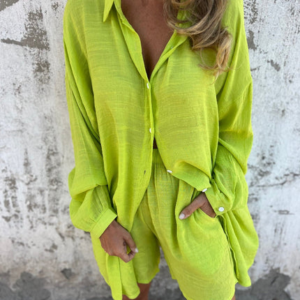 2025 cross-border Europe and America Amazon new women's casual solid color cotton and linen shorts long sleeve wrinkled cloth shirt two-piece set