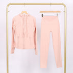 Sakura pink hooded stamped jacket and cropped pants suit / 2/S