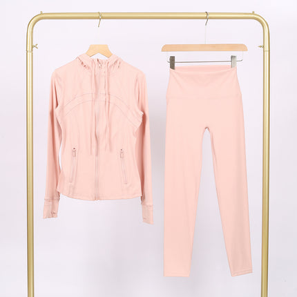 Lulu Df Stamped Hooded Jacket and Cropped Pants Set, Tight-Fitting Stretch Jacket with Gold Zipper, Fitness Yoga Outfit
