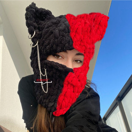 Bear Mask Headgear Sweet Cool Spice Girl Style European and American Handmade Knitted Thickened Wool Warm Hat Cute Autumn and Winter Hat