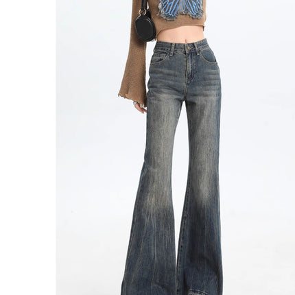 American Retro Flared Jeans for Women, Spring and Autumn New Vintage Design, Niche Slimming Floor-Length Bootcut Pants