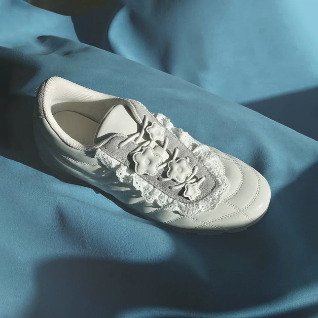 K-Style! Genuine Leather Lace Edge Flower Decoration Thick-Soled Moral Training Shoes for Women New Casual Sports Oblique Lace-Up Small Leather Shoes