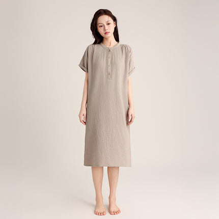 Spring and Summer Short-sleeved Nightgown Double-layer Crepe Pullover Women's Simple Long dress Cotton Thin Outwear