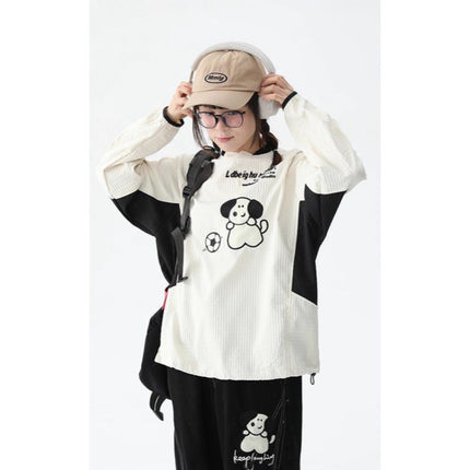Autumn Waffle Puppy Embroidered T-Shirt Ball Clothes Women's Japanese Style Retro Preppy Style Casual Sports Long-Sleeved Tops