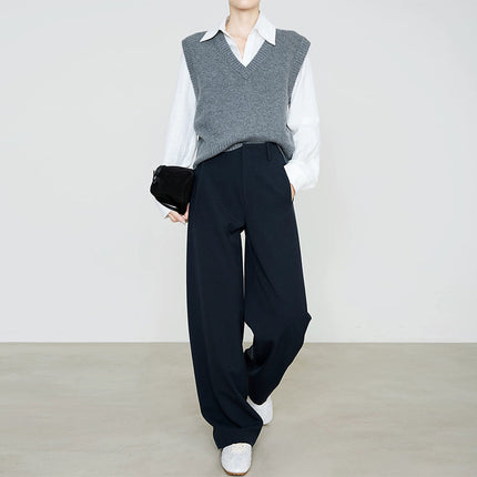 Casual Extended Version Tencel Wool Suit Pants for Women 2025 Autumn New Slimming Look Draped Work Clothing Navy Blue Straight Pants