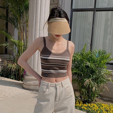 Spring and summer ins style new thread stripe bottoming camisole women's one-piece cup non-wearing text