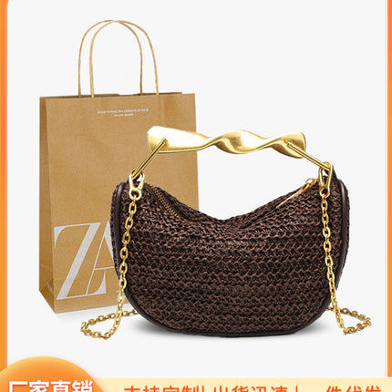 ZA home cross-border metal golden handle mini bag women's 2025 new straw woven bag shoulder slung zipper woven bag