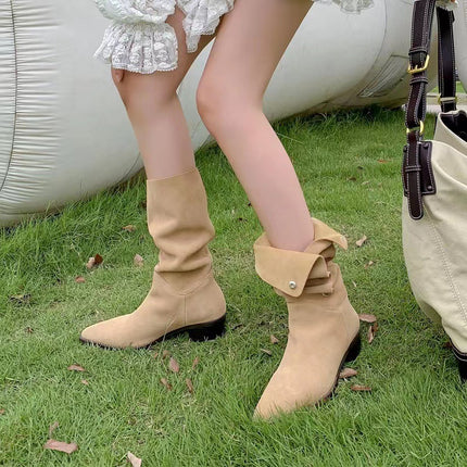 One Shoe, Two Wear Retro Western Cowboy Boots Pointed Toe Slip-On Boots Women's Thick Heel Fashion Medium Heel Mid-Calf Boots Pile Boots