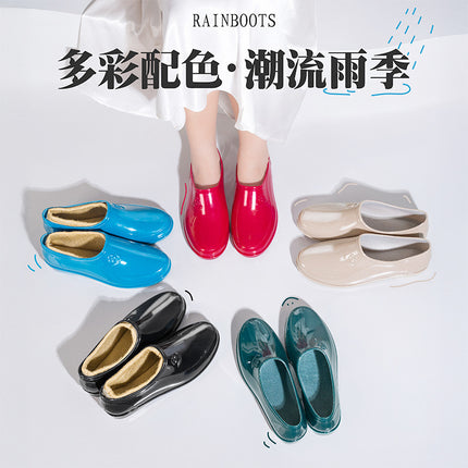 Rain Boots for Women in Spring & Fall Seasons Yuanbao Water Shoes Shallow Mouth Waterproof Anti-Slip Kitchen Work Car Wash Fleece-Lined Warm Rubber Rain Boots