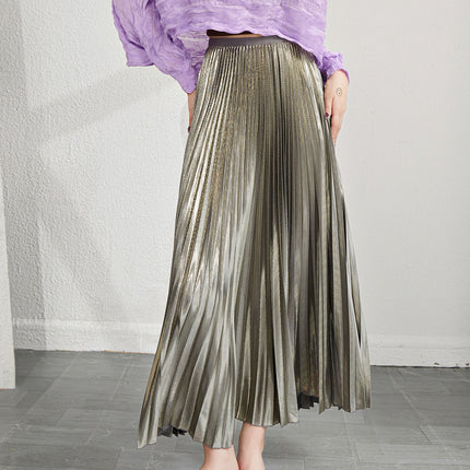 Original Design New Style Stylish Stretch Waist Pleated Skirt Metal Wire Summer Draping Smart A- line Skirt for Women