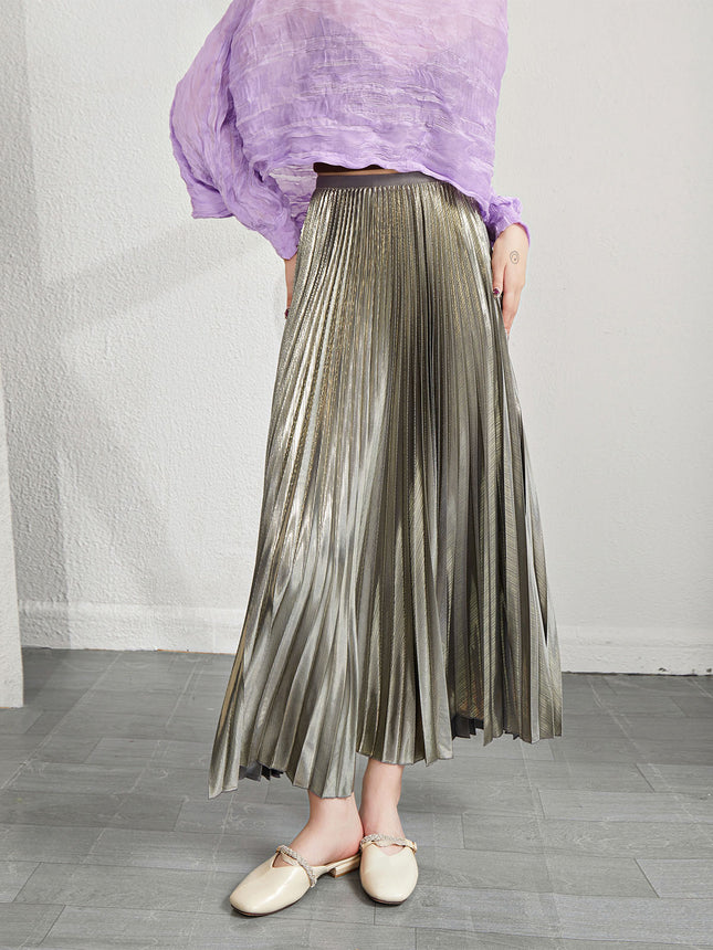 Original Design New Style Stylish Stretch Waist Pleated Skirt Metal Wire Summer Draping Smart A- line Skirt for Women