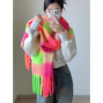 New Rainbow Plaid Tassel Scarf Women's Autumn and Winter European and American Cross-border Color-matching Cashmere and mohair Shawl Thickened Wai