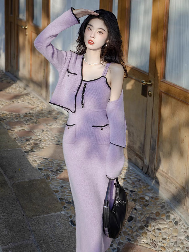 This year's popular purple sweater tea tea gas two-piece suit high-end sense small fragrance sling dress autumn and winter
