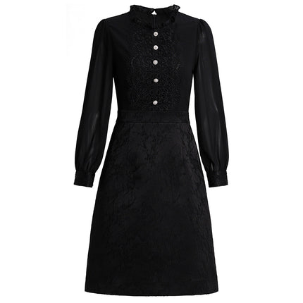 Elegant and Noble Women's Dress with Smart Collar, Pearl Decoration, Long Sleeves, Slimming Effect, New 2026 Spring Collection