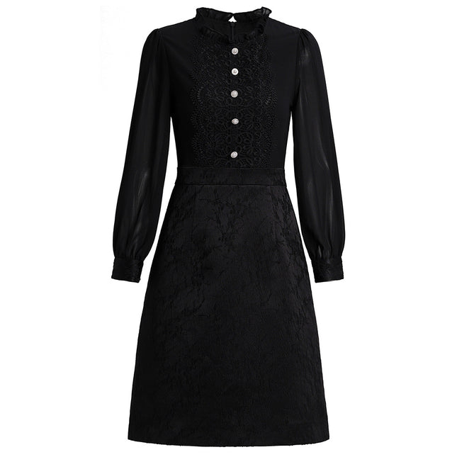 Elegant and Noble Women's Dress with Smart Collar, Pearl Decoration, Long Sleeves, Slimming Effect, New 2026 Spring Collection