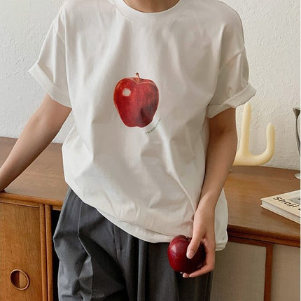 Same-Day Delivery, a Apple Printed Short-Sleeved Cotton Collar, French Niche Pure Cotton