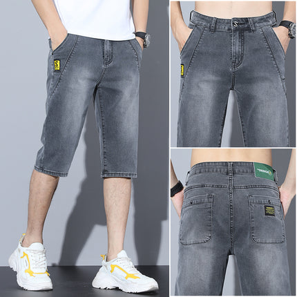 Men's Loose Straight Denim Shorts Summer Thin Cropped Pants Korean Style Trendy Slim Fit Stretch Casual 7-Point Pants