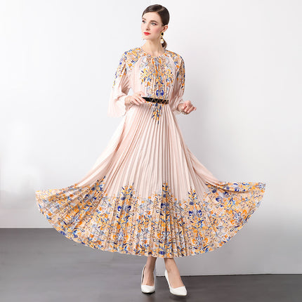 Cross-border 2024 new socialite pleated waist printed fashion large skirt organ pleated dress