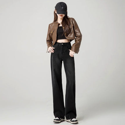 Black Grey High Waist Wide Leg Jeans Women's Straight Loose Trendy All-match New Casual Slim-fit Long Pants