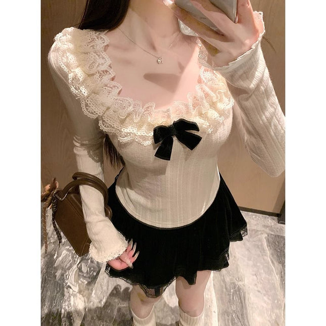 Winter New Sweet Style Lace Splicing Long-Sleeved Shirt for Women Niche Chic Slimming Age-Reducing Bottoming Top Trend