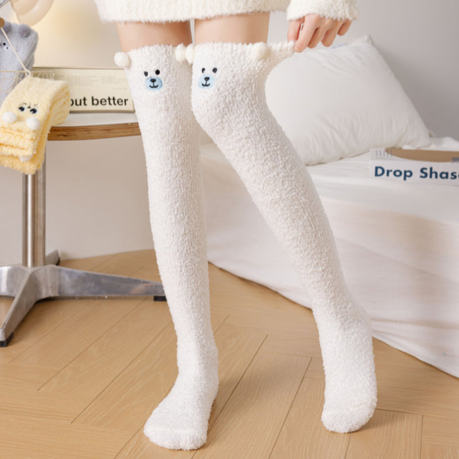 Autumn and Winter Over-The-Knee Extended Coral Floor Socks Cartoon Sleeping Long Tube Warm Plush Embroidered Cute High Socks