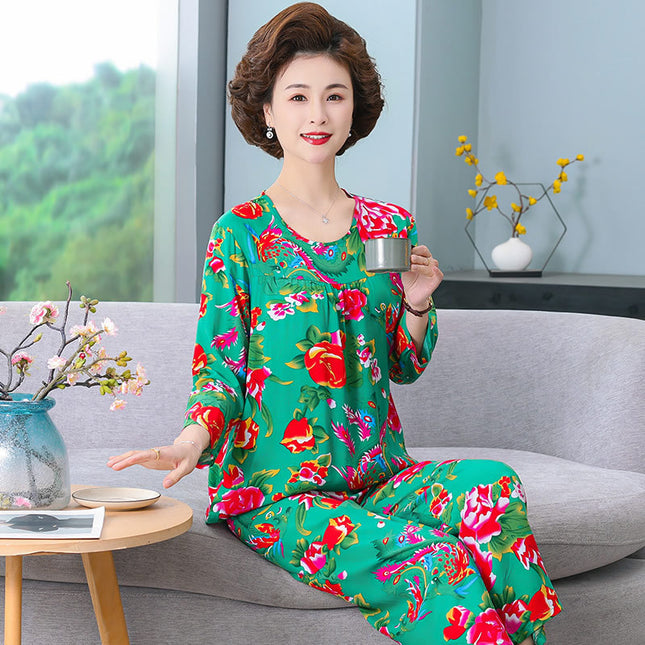 Women's Pajamas 2026 New Spring and Summer Cotton Silk Pullover Long-Sleeve Cool Thin Round-Neck for Middle-Aged and Elderly Mothers
