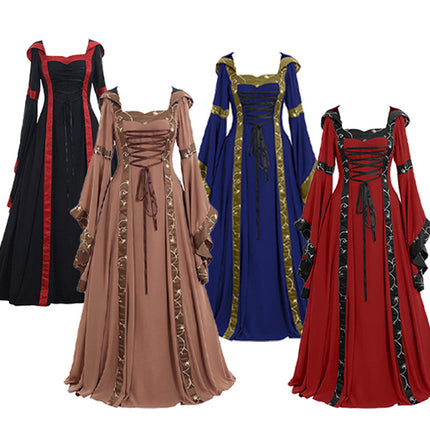 Foreign Trade European and American Women's Medieval Clothing Women's Retro Hooded Dress Square Collar Bell Sleeve Stage Performance Clothing
