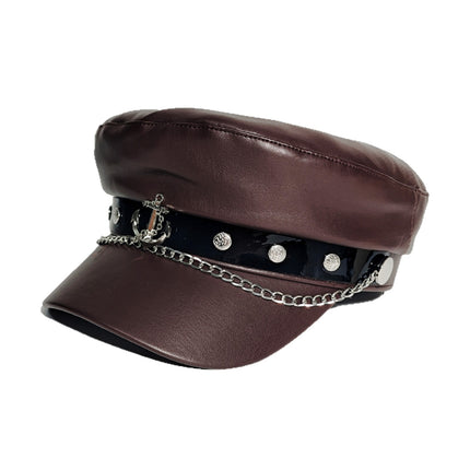 Korean Fashion Versatile Leather Pirate Ship Chain Navy Cap British Style Octagonal Cap Large Head Circumference Face-Slimming Duckbill Cap