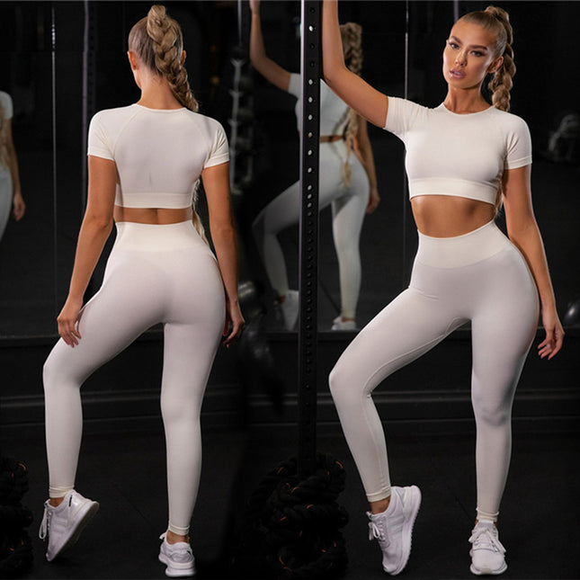 Seamless High Elastic Tight Yoga Suit suit Factory Women's Solid Color High Waist Sports suit Short Sleeve Pants Two Pieces Yoga