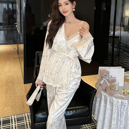 New Style Gold Velvet Nightgown with Chest Pad Sling Trousers Three-Piece Set Women's Pajamas Sweet Sexy Lace Home Clothes