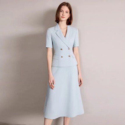 Summer New Short-Sleeved Light Blue Professional Women's Skirt Suit Double-Breasted Suit Collar Office Manager Commuting Formal Wear
