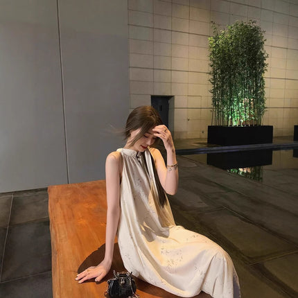 Retro Elegant Long Dress Mori Style Cold Dark Pattern Bamboo New Chinese Style National Style Sleeveless Neck dress Women
