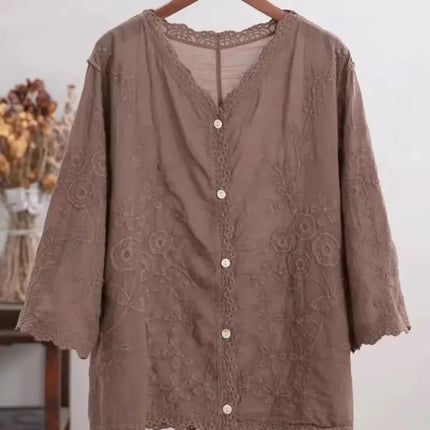 Unique Solid Color Casual Versatile Women's Shirt with Floral Embroidery, Single-Breasted Top, Thin Summer Artistic Blouse