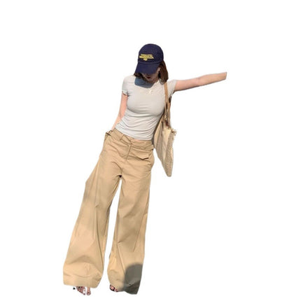 Vintage Khaki Casual Straight-Leg Pants for Women 2025 Summer New Drape High-Waisted Slimming Floor-Length Wide-Leg Pants
