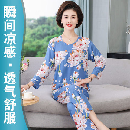 Women's Pajamas 2026 New Spring and Summer Cotton Silk Pullover Long-Sleeve Cool Thin Round-Neck for Middle-Aged and Elderly Mothers