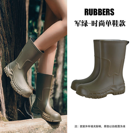 Korean and Japanese Cross-Border Women's Mid-Calf Outdoor Non-Slip Water Shoes, Thick-Soled Water Boots, Fleece-Lined Rubber Shoes, Rain Boots, Waterproof