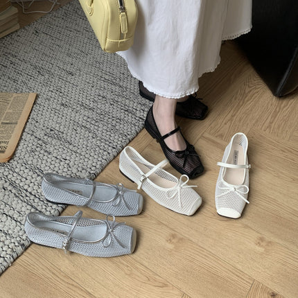 Korean Style One-Line Shallow Mouth Shoes 2025 Summer New Style Bow Breathable Mesh Shoes Square Toe Fisherman Shoes Buckle Women's Shoes
