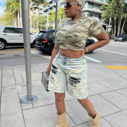 M80306 Cross-Border New Style European and American Fashion Street Trendy Washed Distressed Patchwork Five-Point Denim Shorts