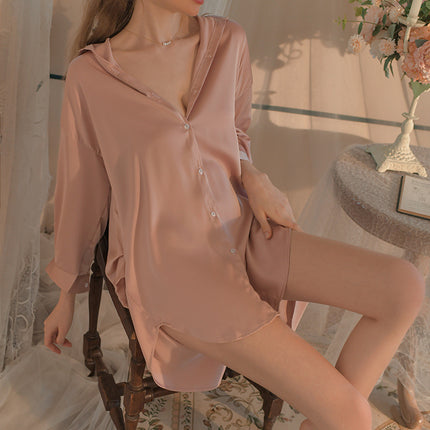 Sexy Pajamas Women 2024 Summer Shirt Dress Boyfriend Wind Long Charming Nightgown Lace Shorts suit Women