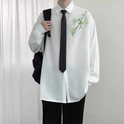 New Chinese Style Ice Silk Tang Dress Shirt Men's National Style Vintage Oil Painting Green Bamboo Printing Long Sleeve Shirt