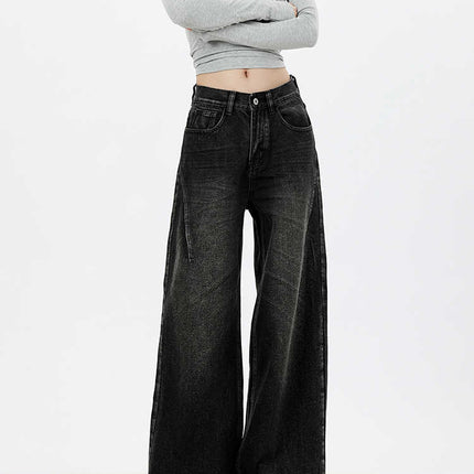 Vintage Washed Black Wide-Leg Jeans for Women 2025 Autumn Loose Design Slimming Straight Floor-Length Pants