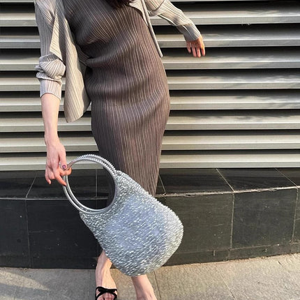 Miyake Women's Pleated dress Summer Long High-end Slimming Straight Sleeveless Vest Long Dress Slim-fit One-step Dress