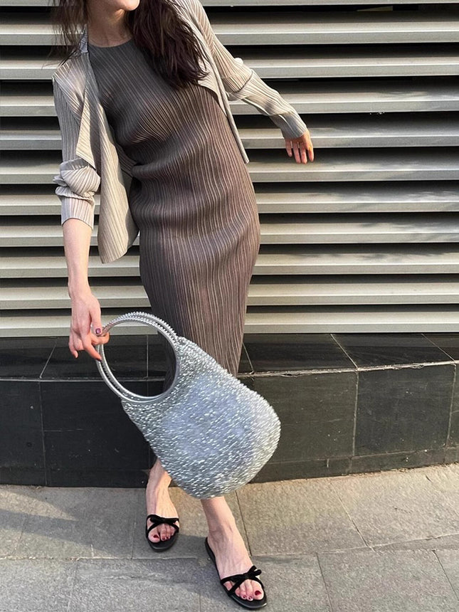 Miyake Women's Pleated dress Summer Long High-end Slimming Straight Sleeveless Vest Long Dress Slim-fit One-step Dress