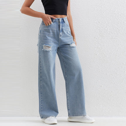 New TEMU Explosive Light Color Jeans Women's Ripped Wide Leg Straight Pants High Waist light blue Pants for Women