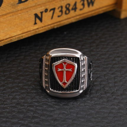 New jewelry European and American fashion retro Crusader oil drop red cross men's personality stainless steel ring